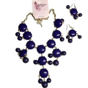 Madison Avenue Chunky Bubble Statement Necklace with Matching Earrings Navy Blue